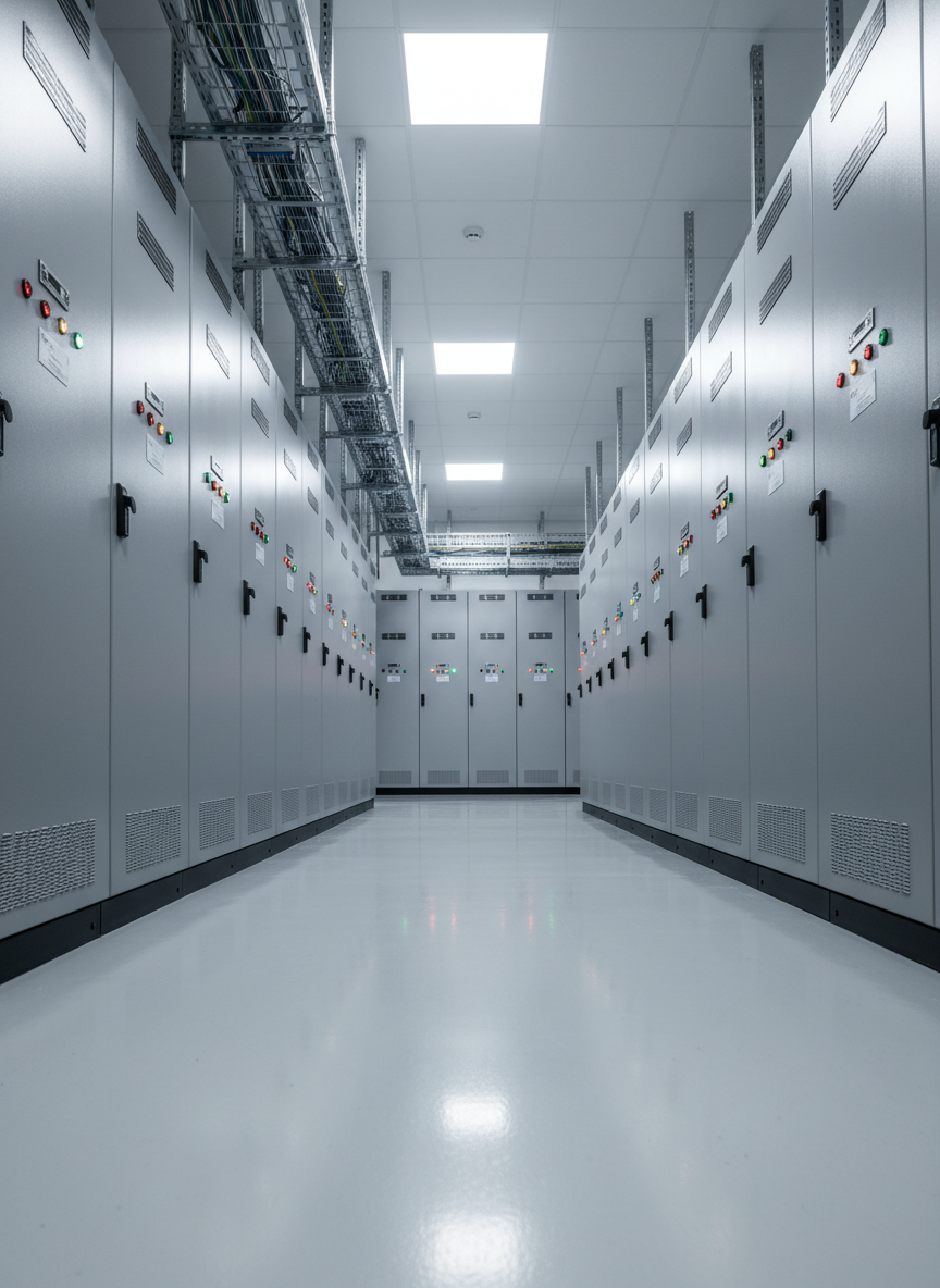 A modern industrial electrical room with rows of tall, grey metal motor control centers (MCCs) and variable frequency drives (VFDs) lining both sides of a polished epoxy floor in light grey. Each cabinet door is closed, with indicator lights softly glowing and engraved nameplates clearly visible. Overhead cable trays carry neatly aligned power and control cables, and a labeled busbar trunking system runs along the ceiling. Bright, evenly distributed LED bay lighting casts clean, shadow-free illumination, emphasizing order and clarity. Captured from a central, low-angle corridor view with strong linear perspective, the image leads the eye down the length of the room. The atmosphere is robust, professional, and reassuring, rendered in crisp photographic realism to communicate reliability and safety in industrial electrical engineering.