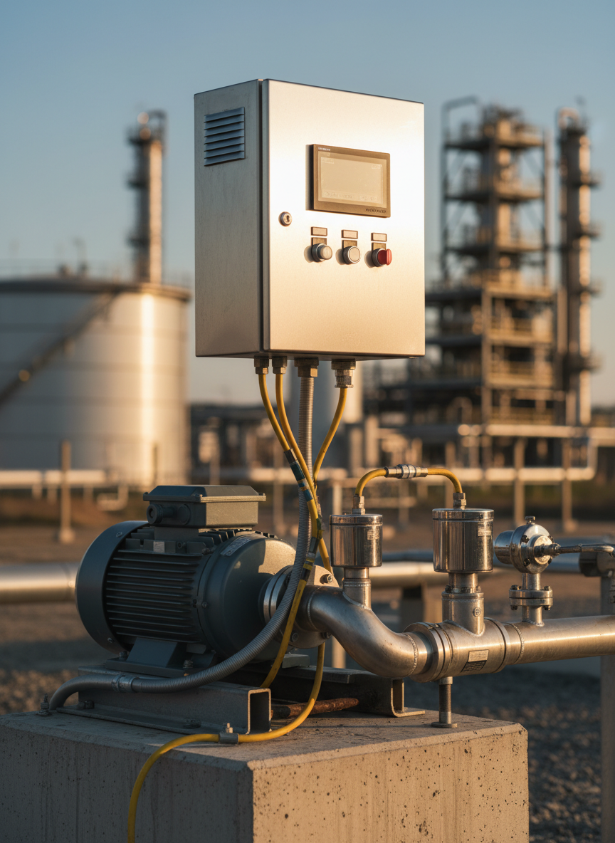 A rugged outdoor industrial installation featuring a weatherproof control panel in a stainless-steel enclosure mounted on a concrete pedestal beside a large pump system and steel piping network. Flexible armored conduits and UV-resistant cables connect the panel to nearby field instruments, including pressure transmitters and flow meters with polished housings. The background shows a slightly blurred process plant with storage tanks and structural steel. Late afternoon natural light casts a gentle warm tone, with soft shadows and bright highlights on metallic surfaces, while the sky is clear and pale blue. Shot from a slightly low, three-quarter angle, the control panel dominates the frame with sharp focus, and the plant recedes into a mild bokeh. The mood is robust, dependable, and weather-ready, captured in realistic photographic detail.