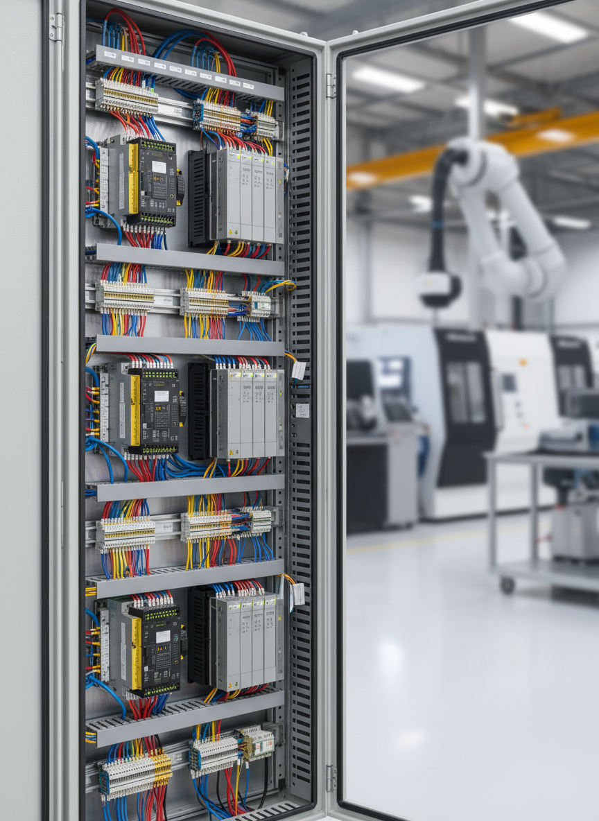 A meticulously organized industrial control panel with rows of sleek grey metal enclosures, DIN-rail mounted PLCs, neatly labeled wiring, and status LEDs glowing green and amber. The cabinet doors are open to reveal precise cable routing with color-coded conduits and ferruled wire ends. The panel stands in a spotless, modern factory environment with blurred machinery in the background. Cool, even overhead LED lighting creates subtle reflections on the brushed metal surfaces and crisp shadows along the cable trays. Photographed at eye level with a slight three-quarter angle, sharp focus on the panel and a gentle bokeh on the surroundings. The mood is professional, reliable, and highly engineered, with clean, photographic realism that highlights order, precision, and trust in industrial automation systems.