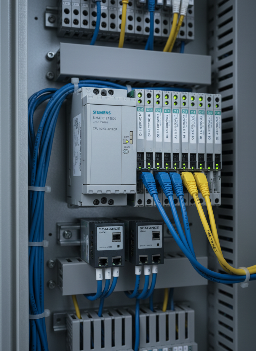 A close-up, highly detailed view of a programmable logic controller (PLC) rack installed in an industrial cabinet, with modular I/O cards, Ethernet switches, and neatly bundled industrial Ethernet cables in vibrant blue and yellow. Each module has crisp, legible labeling and tiny status LEDs emitting a soft green glow. The background shows a softly blurred expanse of terminal blocks and cable ducts. Cool, diffused studio-style lighting highlights the matte and semi-gloss textures of the plastics and metals, with delicate reflections along the edges. Shot with a shallow depth of field from a low, angled macro perspective, the composition draws attention to the central PLC CPU module. The mood is precise, technical, and dependable, in a photographic, engineering-focused style suited to showcasing advanced industrial control technology.
