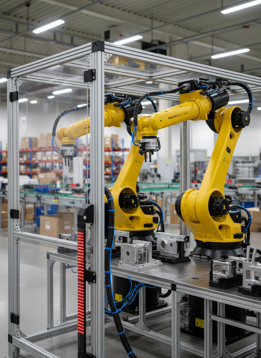 A robotics-driven production cell showcasing two articulated industrial robot arms in safety yellow, enclosed by clear polycarbonate guarding panels with interlocked doors and safety light curtains. On the work table inside, precisely machined metal components rest in custom fixtures, with cable carriers and pneumatic lines routed tidily along the machine frame. The background hints at a larger, clean manufacturing hall with blurred conveyors and racks. Overhead high-bay LEDs provide bright, neutral lighting, creating defined yet soft-edged shadows and gentle highlights on the robot arm joints and metal surfaces. Photographed at eye level with a three-quarter view, the composition balances the robot arms on the rule of thirds. The mood is dynamic yet controlled, highlighting safe, modern automation in a clean, professional photographic style.