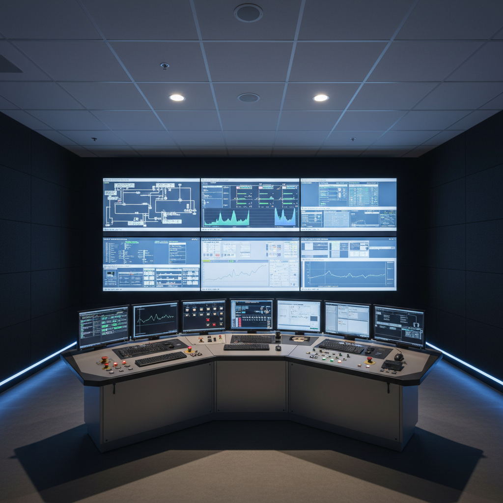 A high-tech industrial automation control room featuring multiple large wall-mounted screens displaying SCADA dashboards, process diagrams, and real-time trend graphs with calm blue and green color palettes. In the foreground, a curved console with neatly arranged industrial-grade keyboards, ruggedized monitors, and labeled control modules rests on a matte charcoal surface. The room has dark acoustic wall panels and subtle blue LED accent strips along the floor. Soft, balanced overhead lighting combined with the cool glow of the screens creates a focused, mission-critical atmosphere. Captured from a slightly elevated, wide-angle perspective, the composition emphasizes the central console with symmetrical framing. Photographic realism, clean lines, and a modern aesthetic convey reliability, oversight, and precise control for complex industrial processes, without any human presence.
